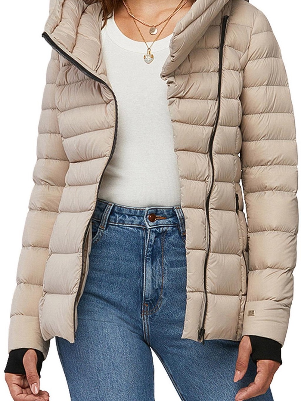 Soia & Kai Jacinda Hooded Puffer Down Jacket Coat Cream Asymmetrical Size S